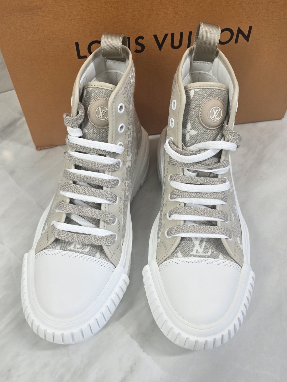 Louis Vuitton Beige Monogram High-Top Sneakers - Picture 2 of 12